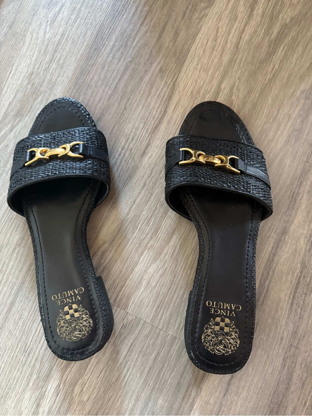 Vince Camuto Black Slide Sandals with Gold Chain Detail
